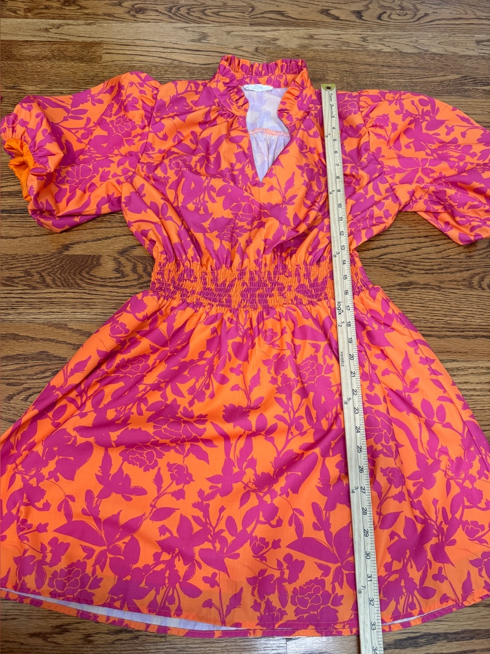 THML Orange and Pink Floral Smocked Waist Mini Dress Sz L - Picture 9 of 11